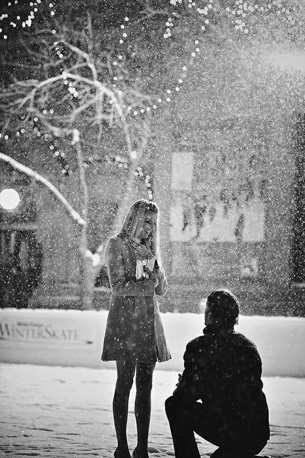 Black and white photo of a winter engagement
