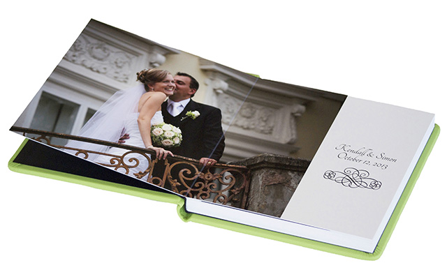 Flush Mount wedding album with lay flat pages and premium Italian leather cover in green