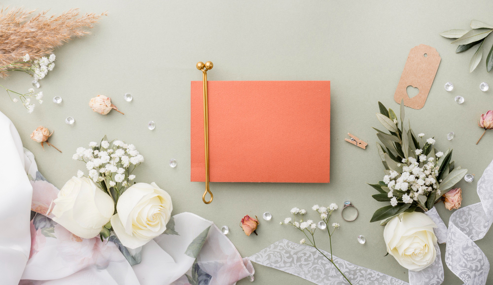 A wedding guest book placed on a table, surrounded by floral arrangements and a ring, with a sign inviting guests to sign.