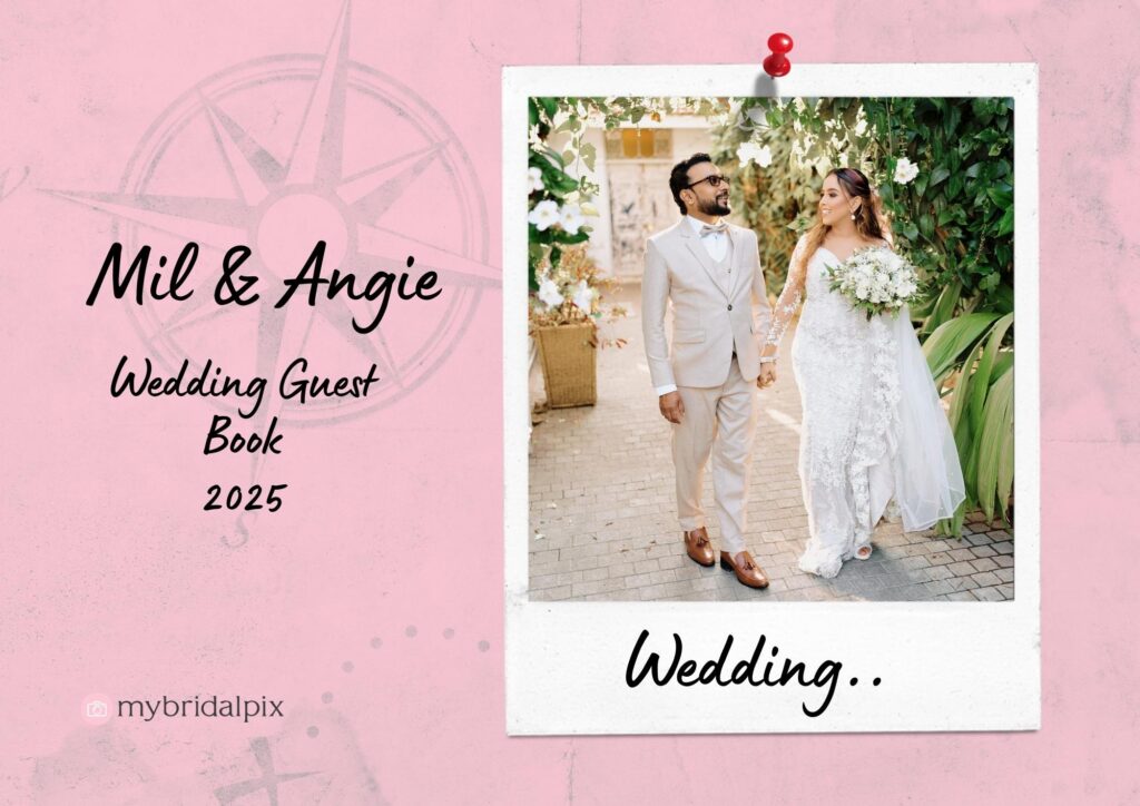 Wedding guest book for Mil & Angie, 2025. The image features a photo booth-style layout with a picture of the couple and the title/information for the guest book.