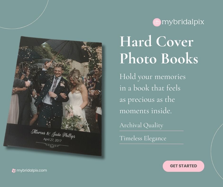 a promotional banner about hard cover photo books for various occasions, proposed by my Bridal Pix.