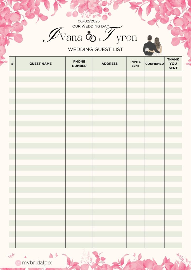 a downloadable wedding guest list template from my bridal pix.