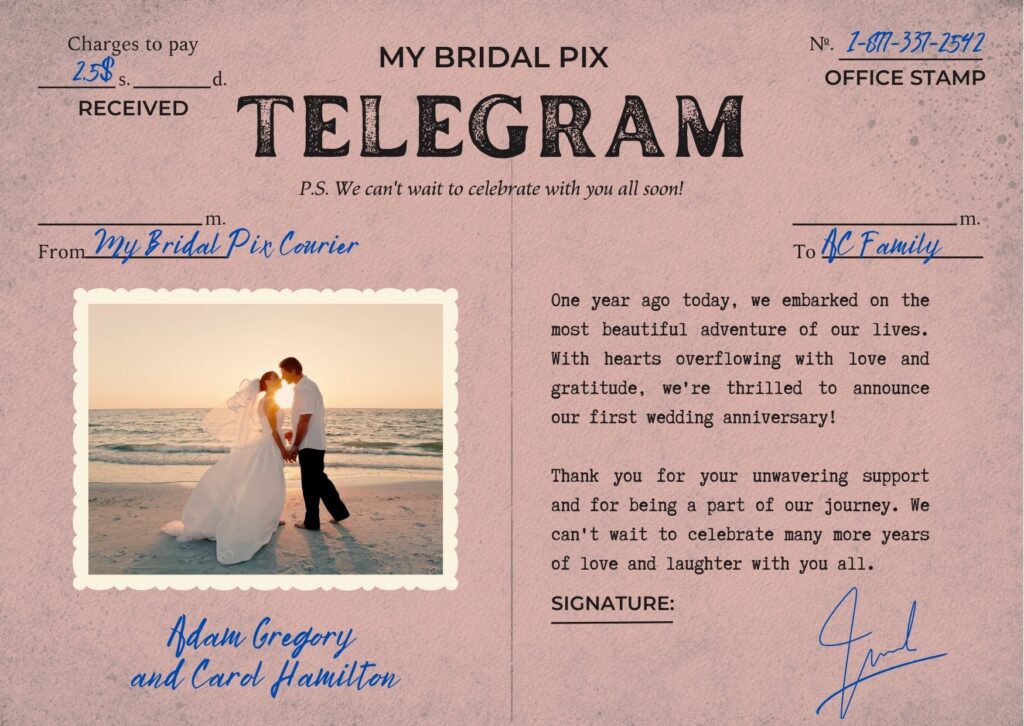 Happy First Anniversary, Adam and Carol! This sweet telegram-style picture celebrates one year of marriage with a beautiful beach photo and heartfelt message of love and gratitude. Perfect for sharing the joy of your first anniversary with family and friends.