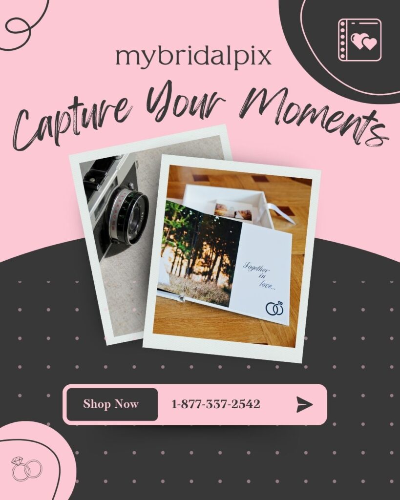 Photo book album ad stating "Capture Your Moments." Features a camera, and wedding album, this is a part of the 37 first wedding anniversary gift ideas collection by my bridal pix